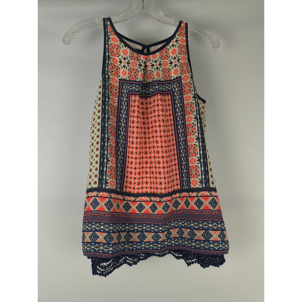 A Byer Blouse Women's M Coral Blue Sleeveless Geometric Pattern Crochet Hem